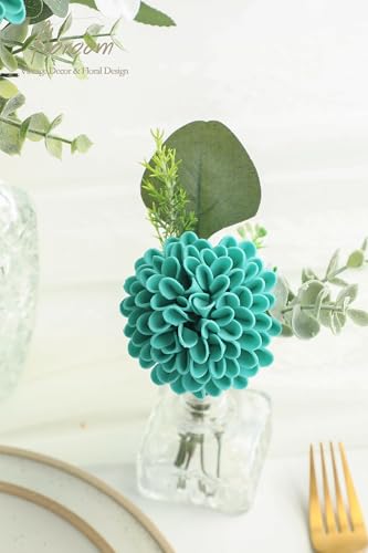Artificial Dahlia Flowers 25pcs Real Looking Teal Green Foam Fake Roses with Stems for DIY Wedding Bouquets Bridal Shower Centerpieces Floral Arrangements Party Tables Home Decoration (25 Count)