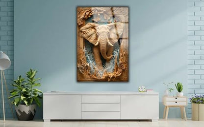 Rustic Elephant Printed Tempered Glass Wall Art Painting for Living Room
