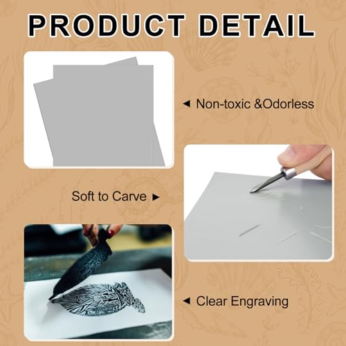 8 Pcs Linoleum Block Rubber Carving Block Soft Linocut Blocks Large Linoleum Sheet Unmounted Lino Plates for Engraving Art Project Printmaking Artist Studio Supplies (8 Count)