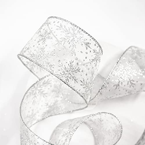 Organza with Silver Glitter Snowflakes Wired Ribbon 2.5 inch x 50 Yards for Christmas Home Decor Tree Topper Bow Gift Wrapping DIY Crafts Wreath Garland Wedding (150 Foot)