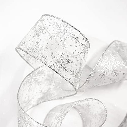 Organza with Silver Glitter Snowflakes Wired Ribbon 2.5 inch x 50 Yards for Christmas Home Decor Tree Topper Bow Gift Wrapping DIY Crafts Wreath Garland Wedding (150 Foot)