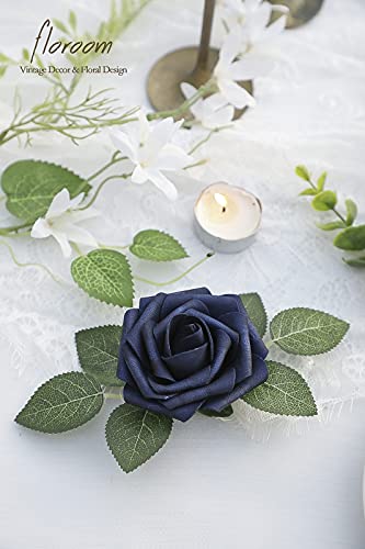 Artificial Flowers 25pcs Real Looking Navy Blue Foam Fake Roses with Stems for DIY Wedding Bouquets Bridal Shower Centerpieces Party Tables Home Decorations (25 Count)
