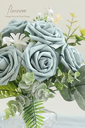 Artificial Flowers 25pcs Real Looking Dusty Blue Foam Fake Roses with Stems for DIY Wedding Bouquets Bridal Shower Centerpieces Floral Arrangements Party Tables Home Decorations (25 Count)