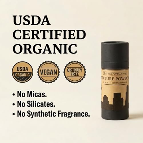 Seattle Pomade Co. Organic Based Texture Powder for Men. Creates Volume and Lift with organic materials. Fragrance Free. Globally sourced certified organic materials. Natural Hair Powder 2 oz NON