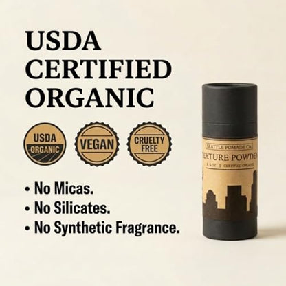 Seattle Pomade Co. Organic Based Texture Powder for Men. Creates Volume and Lift with organic materials. Fragrance Free. Globally sourced certified organic materials. Natural Hair Powder 2 oz NON
