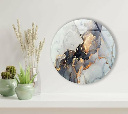15.8''(40cm) Diameter Gold Details Gray Marble Round Glass Wall Art Tempered Glass Printing Wall Decor Large Wall Art Wall Hangings