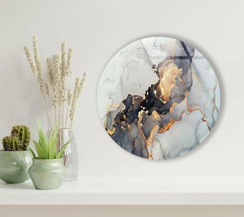 31.5''(80cm) Diameter Gold Details Gray Marble Round Glass Wall Art Tempered Glass Printing Wall Decor Large Wall Art Wall Hangings