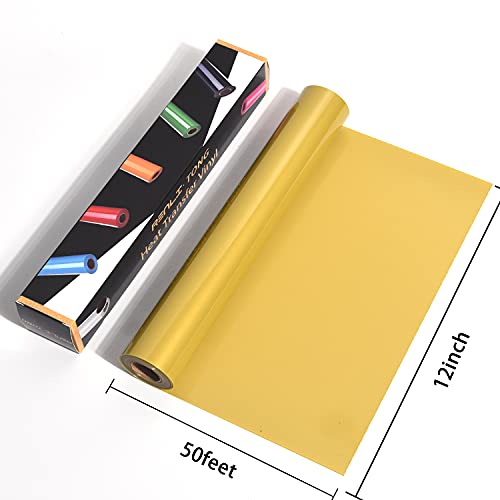 RENLITONG Gold Iron on Vinyl 12Inch by 50ft Roll Heat Transfer Vinyl for T