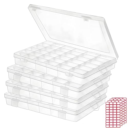 4pack 36 Grids Plastic Clear Organizer Box Bead Storage Containers with Adjustable Dividers for Craft Jewelry Fishing Tackles Parts Storage with 4 Sheets Label Stickers (4 Count)