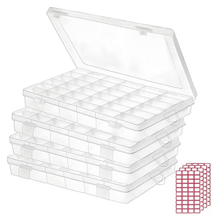 4pack 36 Grids Plastic Clear Organizer Box Bead Storage Containers with Adjustable Dividers for Craft Jewelry Fishing Tackles Parts Storage with 4 Sheets Label Stickers (4 Count)