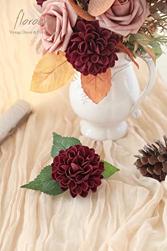 Artificial Dahlia Flowers 25pcs Real Looking Burgundy Foam Fake Roses with Stems for DIY Wedding Bouquets Dark Red Bridal Shower Centerpieces Floral Arrangements Party Tables Home Decoration (25 Count)