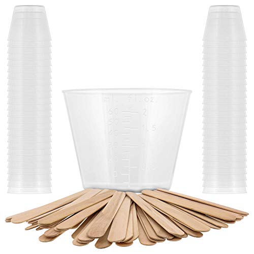 2 Oz (60 ml) Liquid Measuring Cups, 50 Pack with 25 Sticks