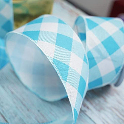 Blue and White Check Ribbon Christmas Wired Ribbon Blue White Burlap Ribbon 2.5 Inch X 10 Yards for Crafts Christmas Tree Decoration Birthday Decor Bows Making Flower Wreath Gift Wrapping (30 Foot)