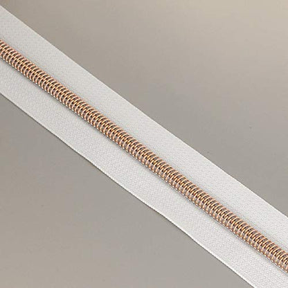 5 Rose Gold Metallic Nylon Coil Zippers by The Yard Bulk 10 Yards White Tape with 25pcs Rose Gold Sliders for DIY Sewing Tailor Craft Bag