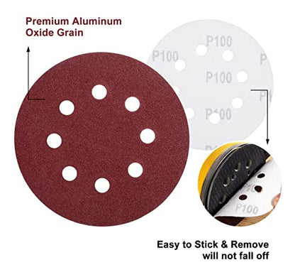 150 Pcs Hook and Loop Adhesive Sanding Discs 5 Inch 8 Hole Sandpaper 100 Grit Aluminum Oxide Sander Pads for Random Orbital Sander (150 Count)