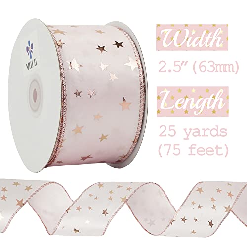 Pink Star Wired Ribbon 2.5 Inch Rose Gold Star Ribbon Wired 25 Yards Roll Pink Wedding Ribbons Stars Christmas Ribbons for Crafts (75 Foot)