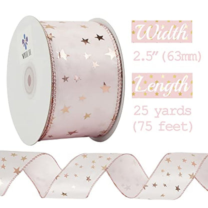 Pink Star Wired Ribbon 2.5 Inch Rose Gold Star Ribbon Wired 25 Yards Roll Pink Wedding Ribbons Stars Christmas Ribbons for Crafts (75 Foot)