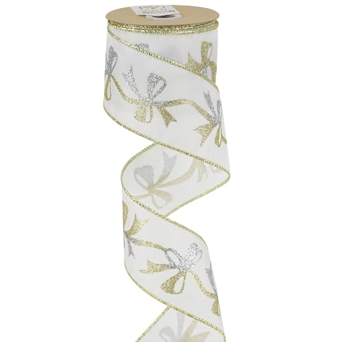 Gold and Silver Christmas Ribbon 2.5 Inch White Satin Ribbons with Gold and Silver Glittery Bows Pattern 10 Yards Christmas Wired Ribbon for Tree (30 Foot)