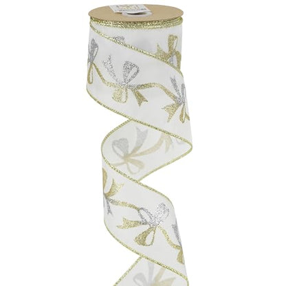Gold and Silver Christmas Ribbon 2.5 Inch White Satin Ribbons with Gold and Silver Glittery Bows Pattern 10 Yards Christmas Wired Ribbon for Tree (30 Foot)