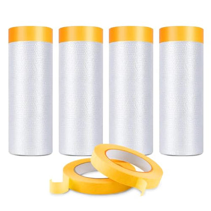 Pre Taped Masking Film for Painting 59inx65ft Plastic Painters Sheeting Tape and Drape Painters Paper Rolls for Automotive Painting Covering (6 Count)