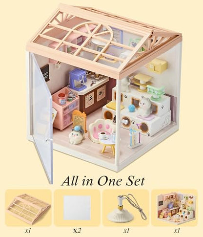 Cute Cat Cafe DIY Miniature House Kit with Roof & LED Light
