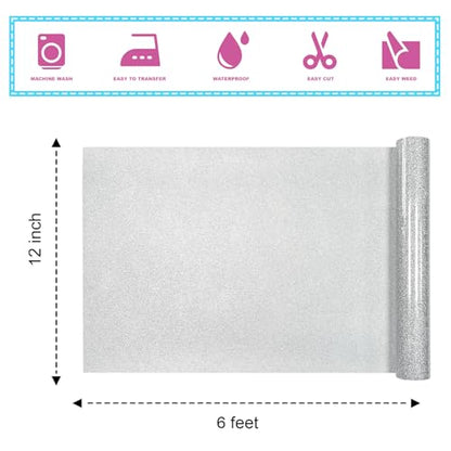Silver Glitter Heat Transfer Vinyl 12"×6FT