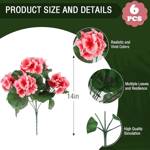 6 Pcs Artificial Geranium Flowers for Outdoors Geraniums Silk Flowers Outdoor UV Resistant Garden Plants Faux Flowers for Home Kitchen Table Centerpieces Decor