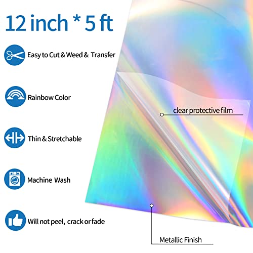 Silver Holographic Heat Transfer Vinyl 12" x5ft Silver HTV Vinyl Roll Metallic Rainbow Iron on Vinyl Easy to Cut & Weed DIY Heat Press Design for T