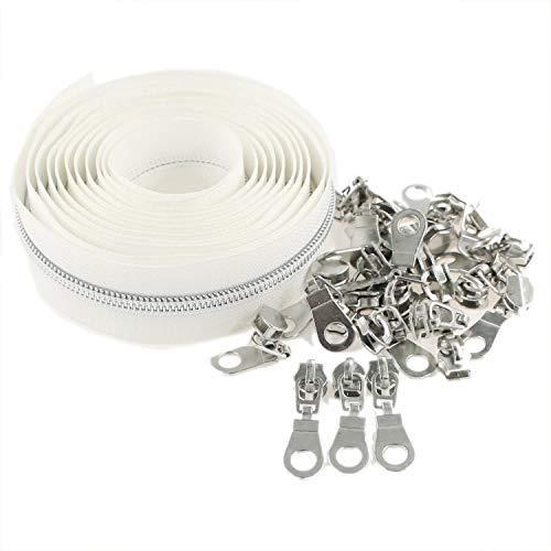 5 Silver Metallic Nylon Coil Zippers by The Yard Bulk 10 Yards White Tape with 25pcs Silver Sliders for DIY Sewing Tailor Craft Bag