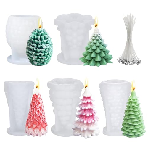 5 PC Christmas Tree Pine Cone Silicone Candle molds with Wax Wick (5 Count)