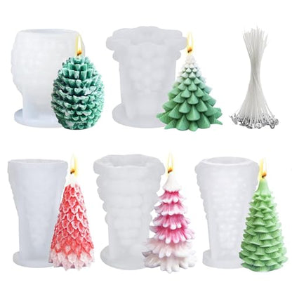 5 PC Christmas Tree Pine Cone Silicone Candle molds with Wax Wick (5 Count)