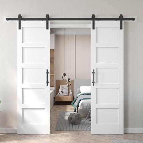 Double 24x84 inch White Barn Door with 8FT Barn Door Hardware Kit Included (2 Count)