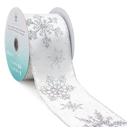 White Satin with Silver Snowflake Wired Ribbon 2.5 Inch x 10 Yards for Christmas Home Decor Tree Topper Bow Gift Wrapping DIY Crafts Wreath Garland (30 Foot)