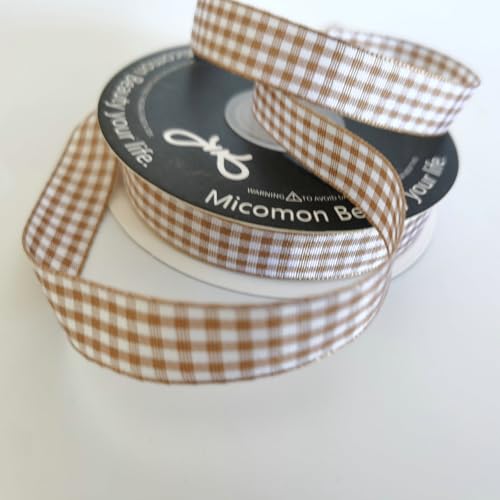Khaki and White Woven Edge Plaid Ribbon 100% Polyester Gingham Ribbon 25 Yards Each Roll (75 Foot)