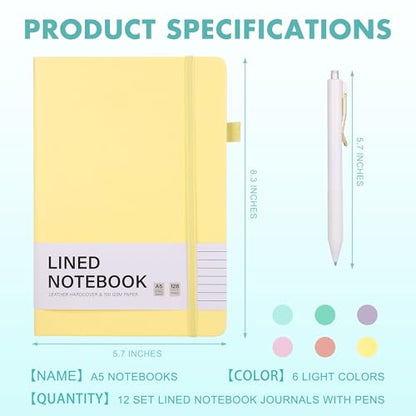 12 Set Lined Notebook Journals with Pens A5 Notebooks 100 GSM College Ruled Hardcover Notebook PU Leather Notepad with Pen Holder for Office School (12 Count)