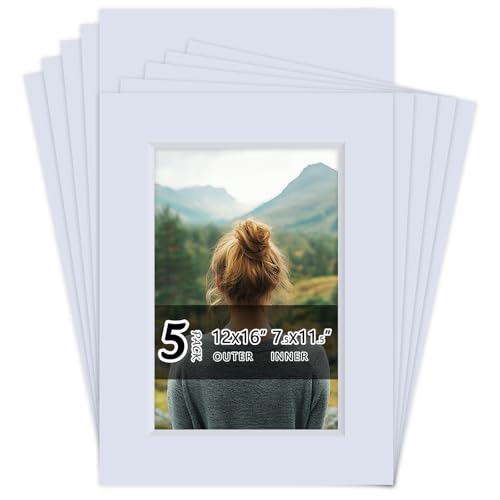 5 Pack Acid Free 12x16 White Picture Mats Board Kit for 8x12