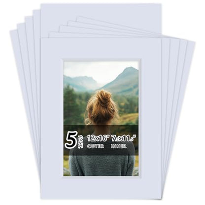 5 Pack Acid Free 12x16 White Picture Mats Board Kit for 8x12