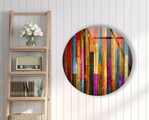 27.5''(70cm) Diameter Colorful Wood Pattern Round Glass Wall Art Tempered Glass Printing Wall Decor Large Wall Art Wall Hangings
