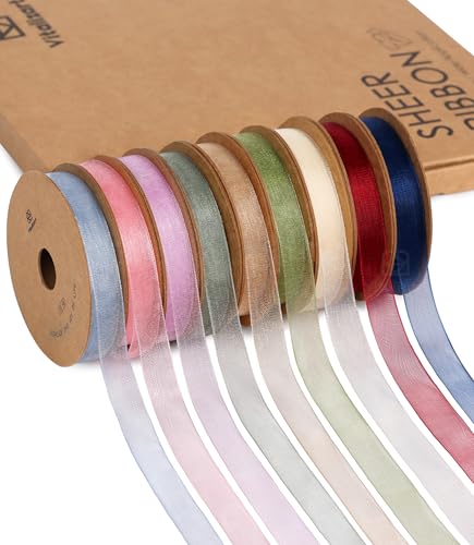 3 8" x 90 Yds Organza Ribbon Set Sheer Ribbon for Gift Wrapping (9 Count)