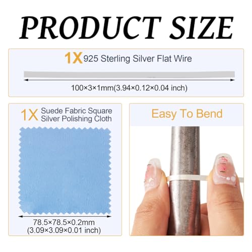 1pc 925 Sterling Silver Flat Wire 3x1mm Rectangle Bezel Strip 0.3 Feet Dead Soft Metal Wire with 1pc Cleaning Cloth for Stone Cabochon Rings Bangles Jewelry Making