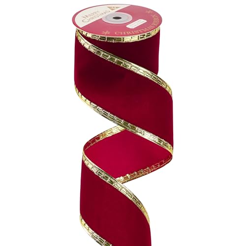 Burgundy Velvet Ribbon 2.5 Inch Dark Red Christmas Ribbon 10 Yards Maroon Velvet Wired Ribbons with Gold Greek Key Edge Burgundy Ribbons for Christmas Tree Decoration (30 Foot)