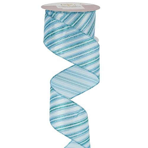 Blue Diagonal Stripe Ribbon 2.5 Inch Blue Satin with Turquoise and Teal Glitter Wired Ribbon for Wreath Bow (30 Foot)