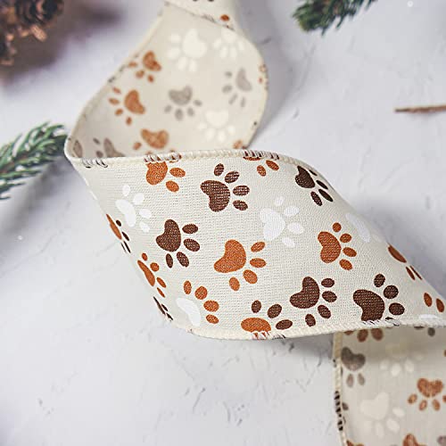 Ivory Canvas Dog Paw Wired Ribbon 2.5 Inch x 10 Yards for Christmas Home Decor Tree Topper Bow Gift Wrapping DIY Crafts Wreath Garland (30 Foot)