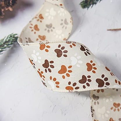 Ivory Canvas Dog Paw Wired Ribbon 2.5 Inch x 10 Yards for Christmas Home Decor Tree Topper Bow Gift Wrapping DIY Crafts Wreath Garland (30 Foot)