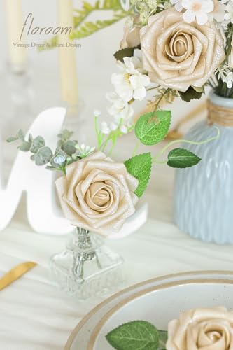 Artificial Flowers 25pcs Real Looking Champagne Gold Foam Fake Roses with Stems for DIY Wedding Bouquets Bridal Shower Centerpieces Floral Arrangements Party Tables Home Decorations (25 Count)