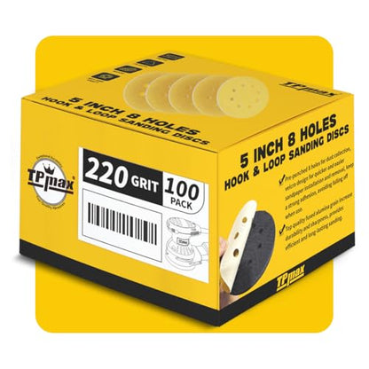 100PCS 5 Inch 220 Grit 125mm 8 Hole Sanding Discs Sandpaper (100 Count)