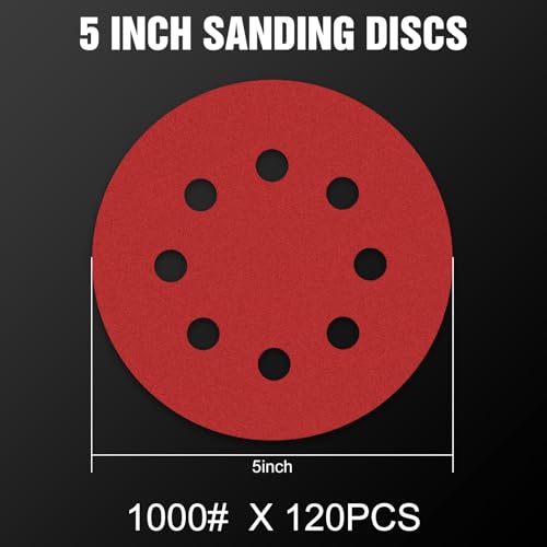 120 Pcs 5 inch Sanding Discs 1000 Grit 8 Hole Hook and Loop Round Sandpaper for Random Orbital Sander (120 Count)