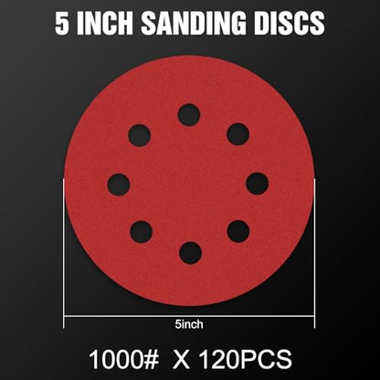 120 Pcs 5 inch Sanding Discs 1000 Grit 8 Hole Hook and Loop Round Sandpaper for Random Orbital Sander (120 Count)