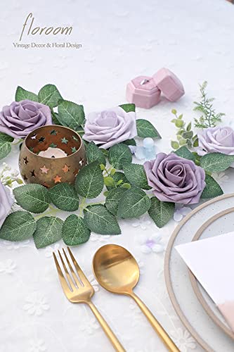 Artificial Flowers 50pcs Real Looking Lavender African Violet Purple Foam Fake Roses with Stems for DIY Wedding Bouquets Bridal Shower Centerpieces Floral Arrangements Party Tables Decorations (50 Count)