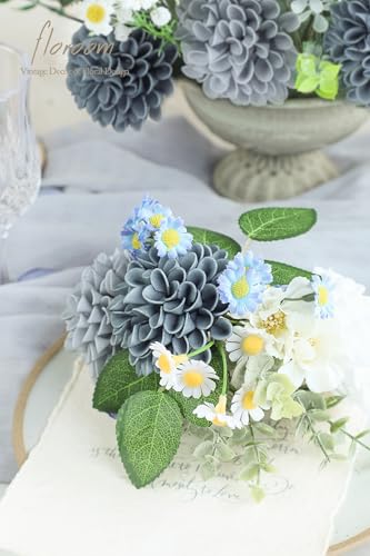 Artificial Dahlia Flowers 25pcs Real Looking Blue Shades Foam Fake Roses with Stems for DIY Wedding Bouquets Bridal Shower Centerpieces Floral Arrangements Party Tables Home Decoration (25 Count)